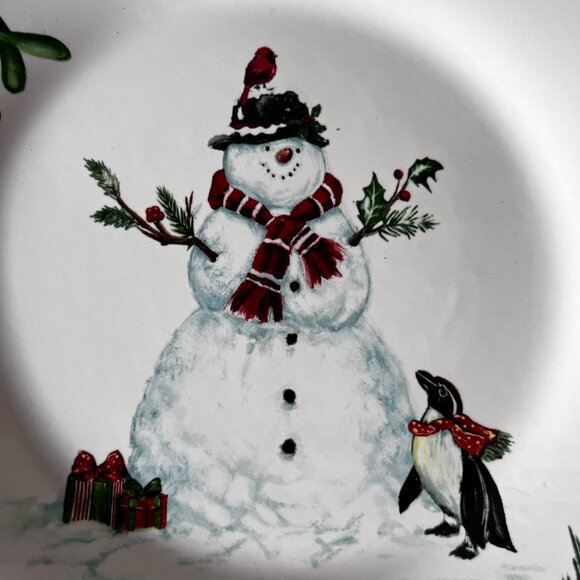 Pair of Pier 1 Winter Wonders Ironstone 9" Salad Plates Christmas Snowman Bird - Picture 5 of 8